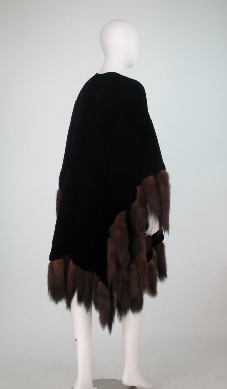 1980s Adrienne Landau Lux black velvet & sable tail fur cape 1