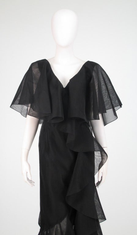 Alfred Bosand cape shoulder organza illusion gown