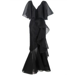 Alfred Bosand cape shoulder organza illusion gown