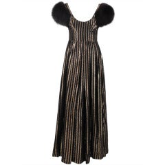 1960s Lillie Rubin metallic stripe fur sleeve maxi dress