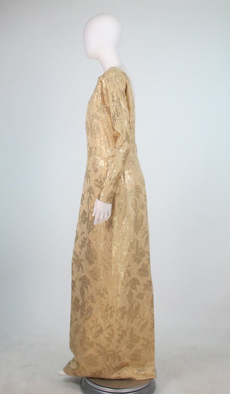 Brown 1990s Carolyne Roehm gold silk brocade open back gown