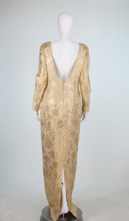 Women's 1990s Carolyne Roehm gold silk brocade open back gown