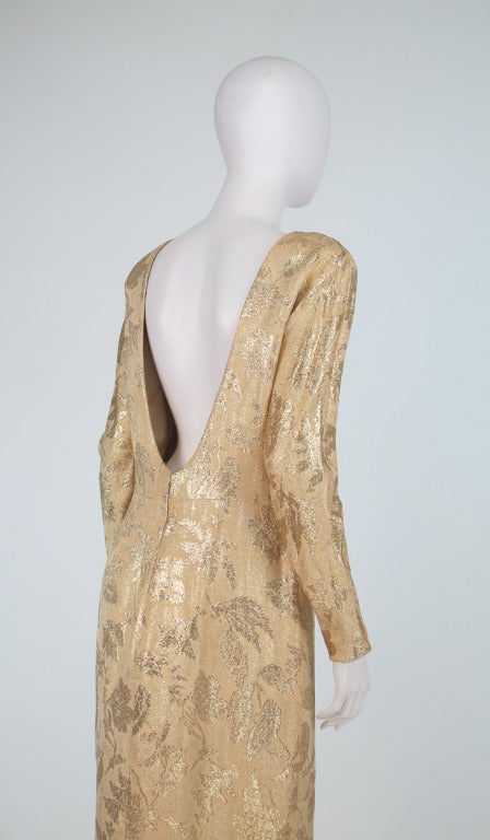 1990s Carolyne Roehm gold silk brocade open back gown 1