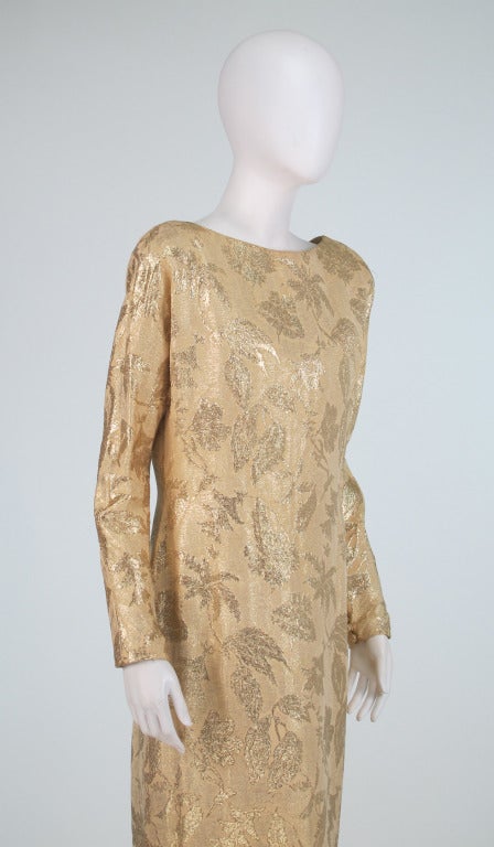 1990s Carolyne Roehm gold silk brocade open back gown 3
