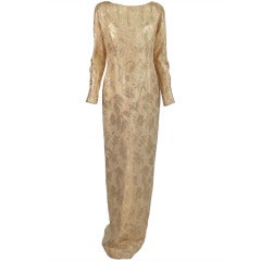 1990s Carolyne Roehm gold silk brocade open back gown 9
