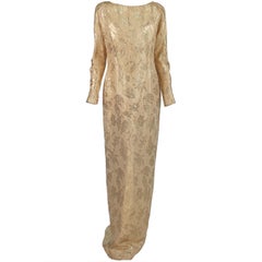 1990s Carolyne Roehm gold silk brocade open back gown
