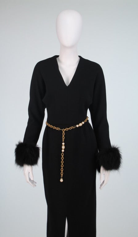 1970s Lillie Rubin black knit maxi dress with fox cuffs 6