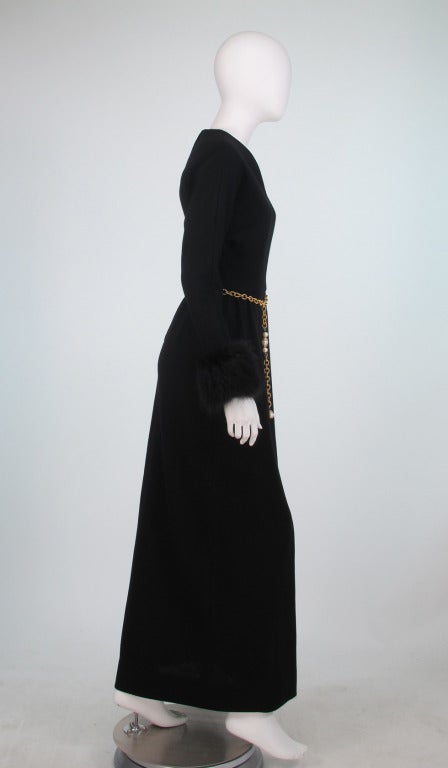 1970s Lillie Rubin black knit maxi dress with fox cuffs In Excellent Condition In West Palm Beach, FL