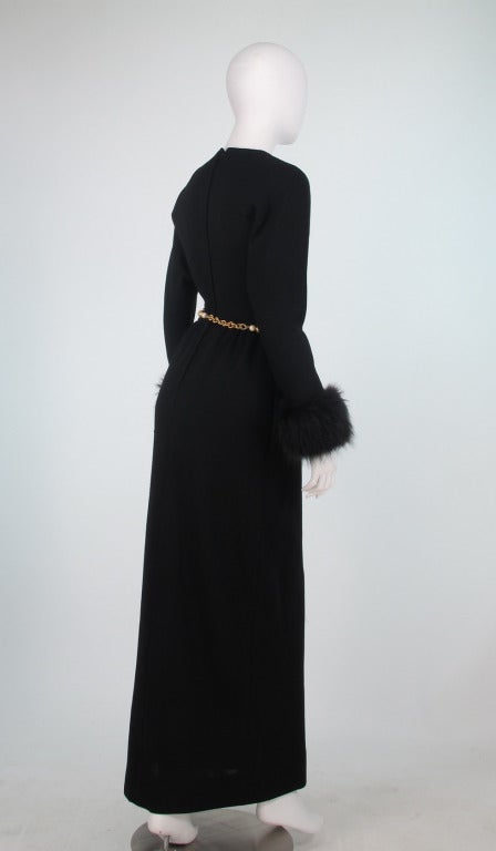 Women's 1970s Lillie Rubin black knit maxi dress with fox cuffs