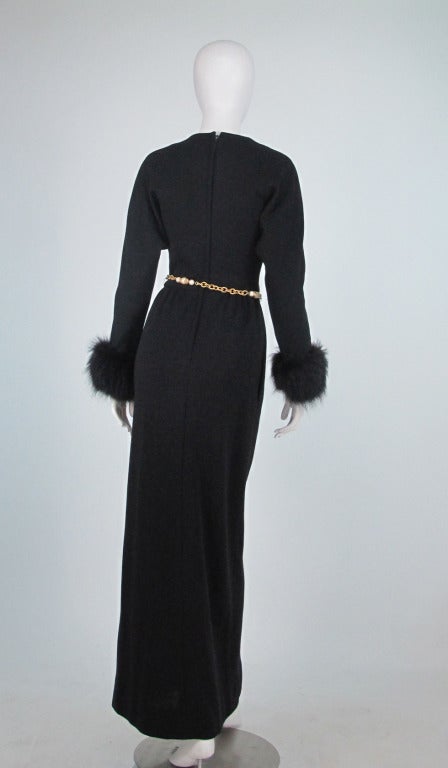 1970s Lillie Rubin black knit maxi dress with fox cuffs 1