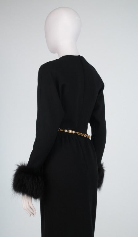 1970s Lillie Rubin black knit maxi dress with fox cuffs 2