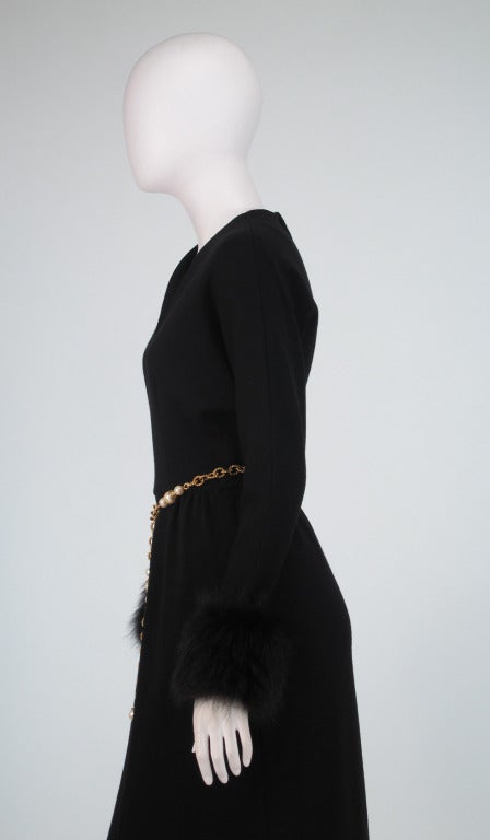 1970s Lillie Rubin black knit maxi dress with fox cuffs 3