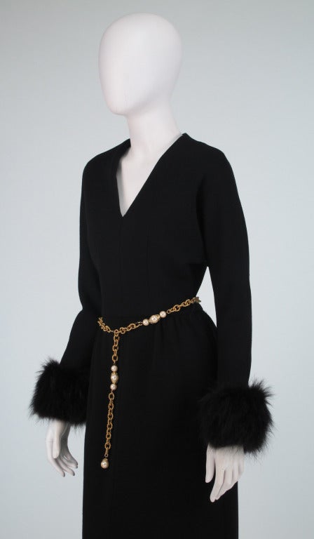 1970s Lillie Rubin black knit maxi dress with fox cuffs 5