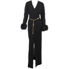1970s Lillie Rubin black knit maxi dress with fox cuffs