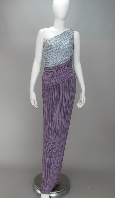 Mary McFadden, one shoulder Fourtuny style pleated gown...simply elegant...lavender/silver & mauvey/lavender.