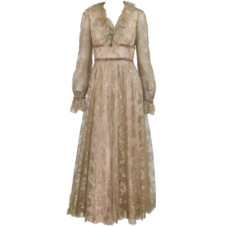 1970s Malcolm Starr ethereal gold lace evening dress