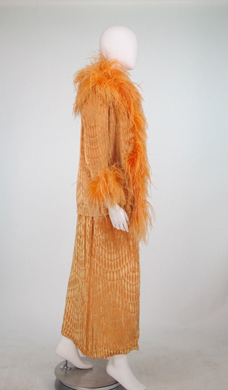 Orange Martha feather trimmed silk cut velvet halter dress and jacket, 1970s 