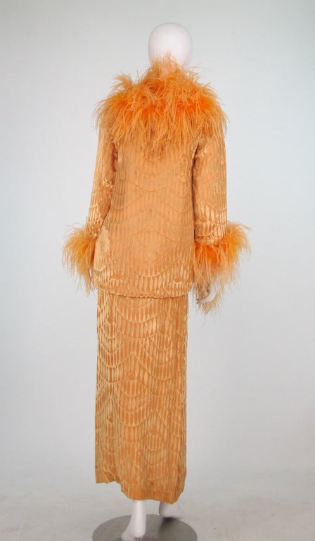Women's Martha feather trimmed silk cut velvet halter dress and jacket, 1970s 