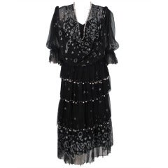 1980s Zandra Rhodes tiered black chiffon top & skirt