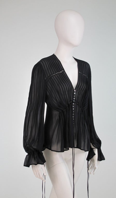 Anne Fontaine black silk chiffon poet sleeve blouse In Excellent Condition In West Palm Beach, FL