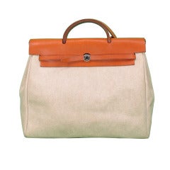 Hermes Herbag Cognac and Beige Toile H Canvas 2 in 1 Bag