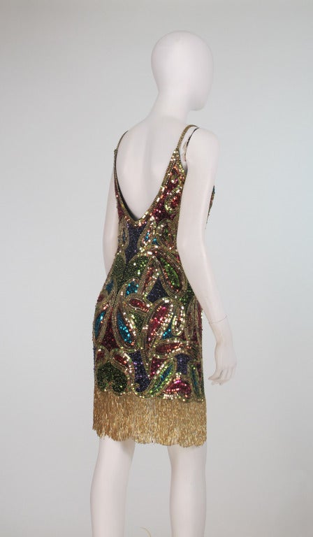 1980s Lillie Rubin sequin encrusted beaded fringe cocktail dress In Excellent Condition In West Palm Beach, FL