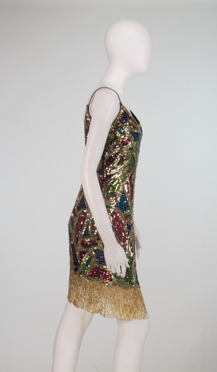 Women's 1980s Lillie Rubin sequin encrusted beaded fringe cocktail dress