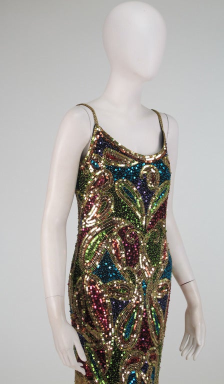 1980s Lillie Rubin sequin encrusted beaded fringe cocktail dress 1