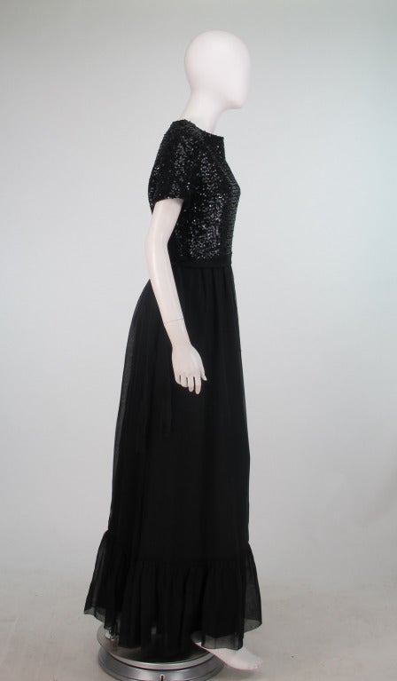 Black 1970s Givenchy sequin & chiffon evening dress