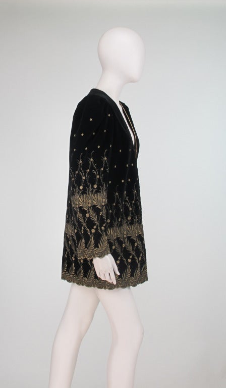 Black Ungaro gold metallic embroidered black velvet mini coat 1980s