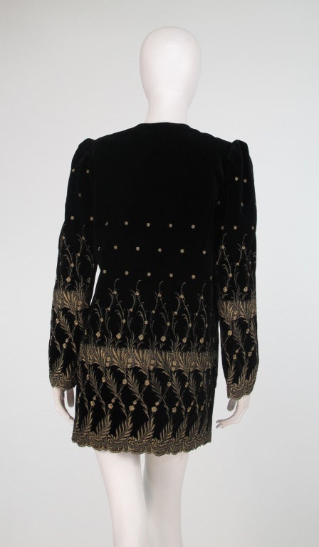 Women's Ungaro gold metallic embroidered black velvet mini coat 1980s