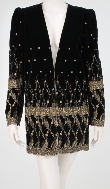 Ungaro gold metallic embroidered black velvet mini coat 1980s 3
