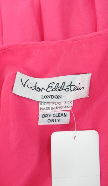 1980s Victor Edelstein hot pink silk chiffon rose hem cocktail dress 5