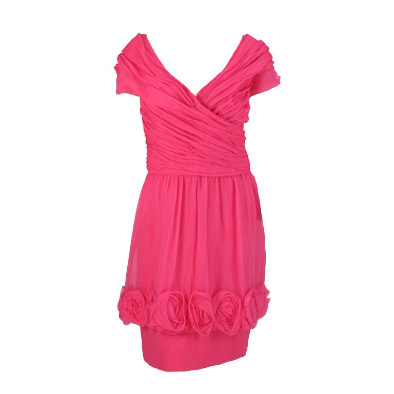 1980s Victor Edelstein hot pink silk chiffon rose hem cocktail dress