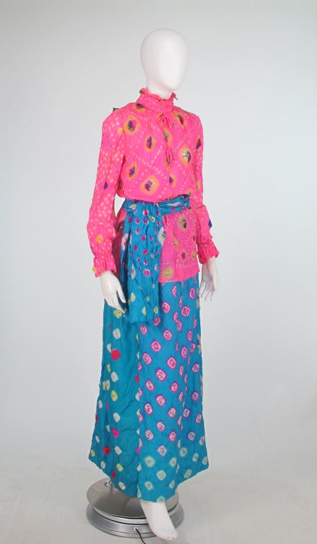 Rare 1960s Adolfo mixed shibori dyed silk skirt & blouse In Excellent Condition In West Palm Beach, FL
