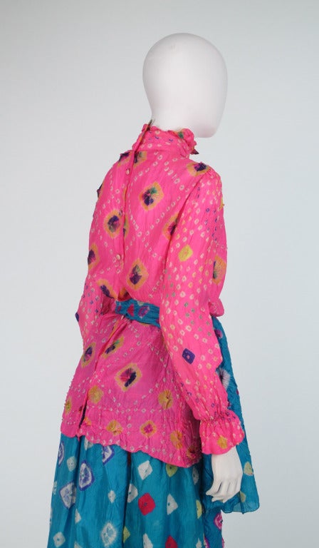 Rare 1960s Adolfo mixed shibori dyed silk skirt & blouse 1