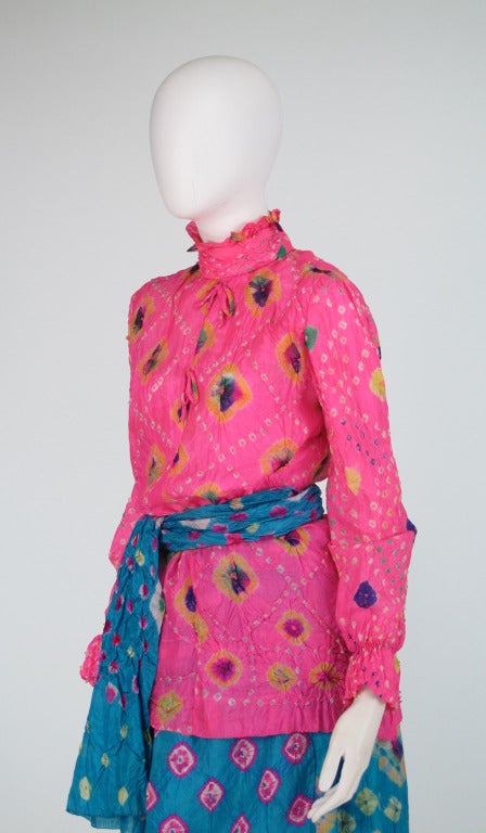 Rare 1960s Adolfo mixed shibori dyed silk skirt & blouse 4