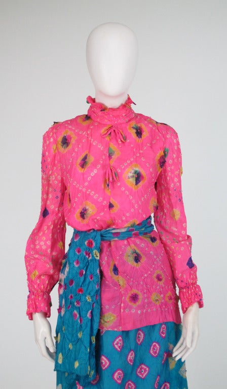 Rare 1960s Adolfo mixed shibori dyed silk skirt & blouse 5