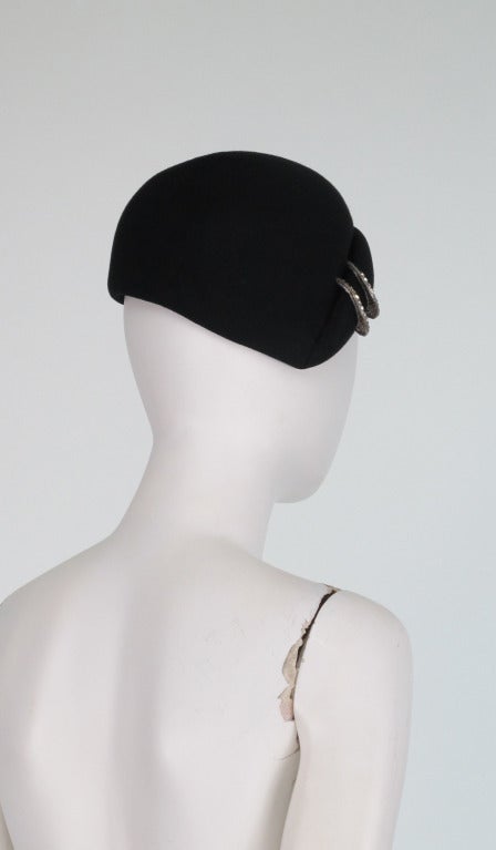 Women's 1960s Halston black felt cocktail hat with rhinestone trim