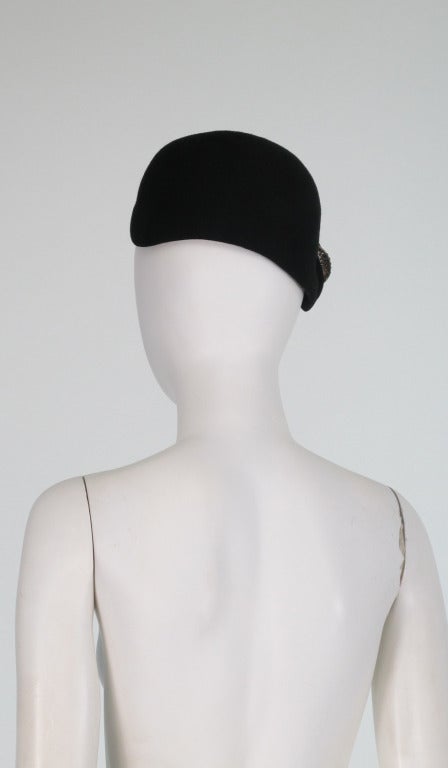 1960s Halston black felt cocktail hat with rhinestone trim 1