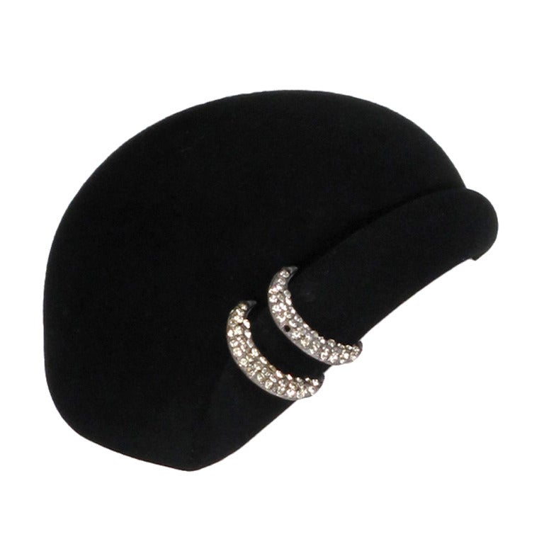 1960s Halston black felt cocktail hat with rhinestone trim