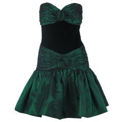 1980s Victor Costa bottle green taffeta & velvet strapless mini dress 4