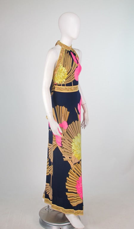 1960s Leonard, Paris sleek silk jersey halter neck tropical frond gown In Excellent Condition In West Palm Beach, FL