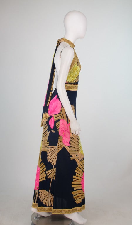 Women's 1960s Leonard, Paris sleek silk jersey halter neck tropical frond gown