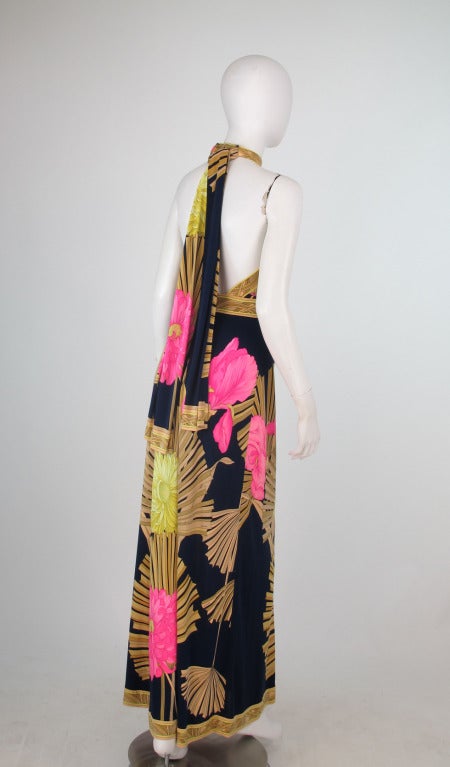 1960s Leonard, Paris sleek silk jersey halter neck tropical frond gown 1