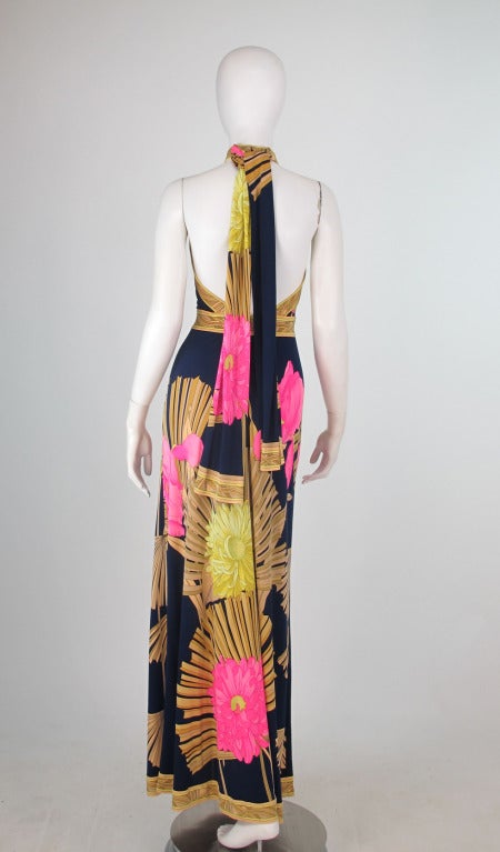 1960s Leonard, Paris sleek silk jersey halter neck tropical frond gown 2