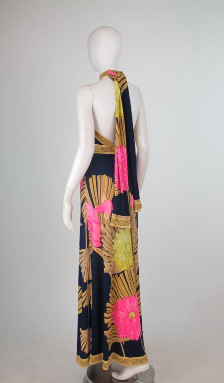 1960s Leonard, Paris sleek silk jersey halter neck tropical frond gown 3