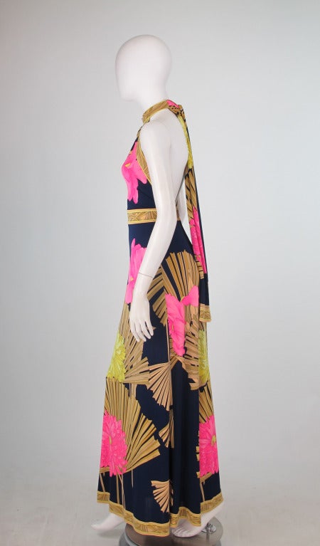 1960s Leonard, Paris sleek silk jersey halter neck tropical frond gown 4