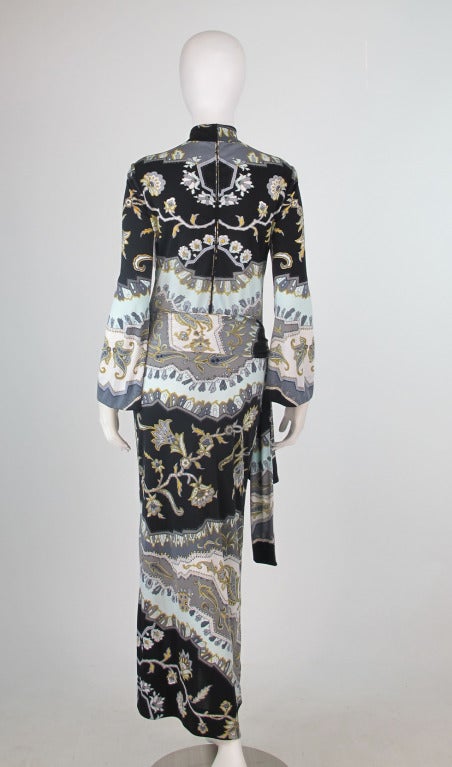 Women's 1970s Leonard, Paris bell sleeve hip wrap column gown in jersey
