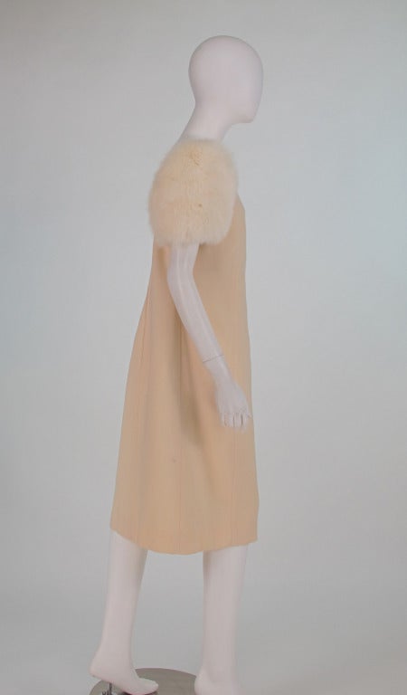 1980s Victor Costa winter white wool & fox fur dress In New Condition In West Palm Beach, FL